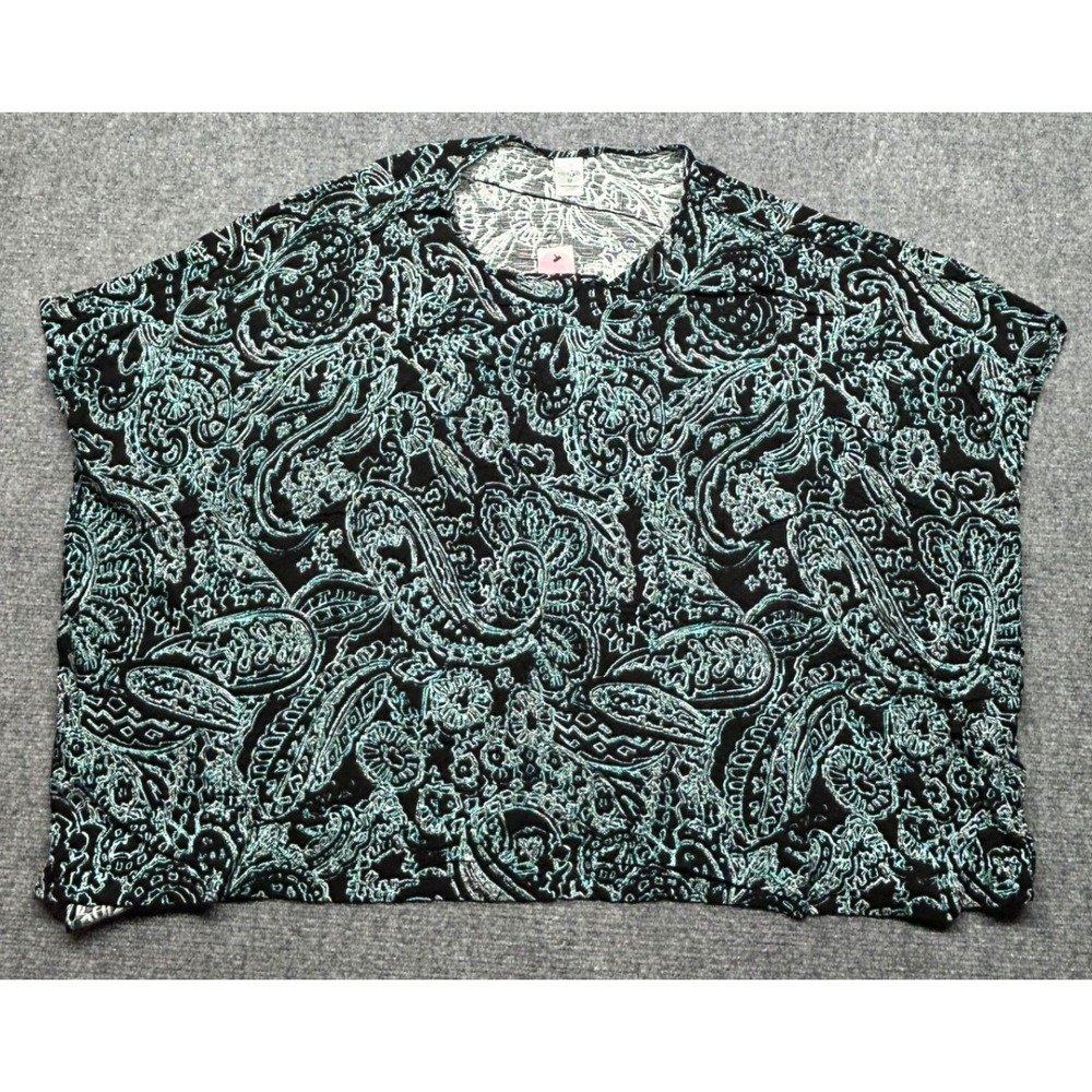 East 5th Blouse Womens Medium Short Sleeve Black Blue Paisley Print Top New